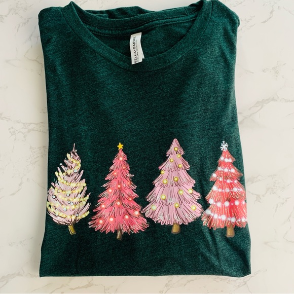 Bella Canvas Tops - Bella Canvas Emerald Green Pink Christmas Tree Screen Print Long Sleeve | Medium
